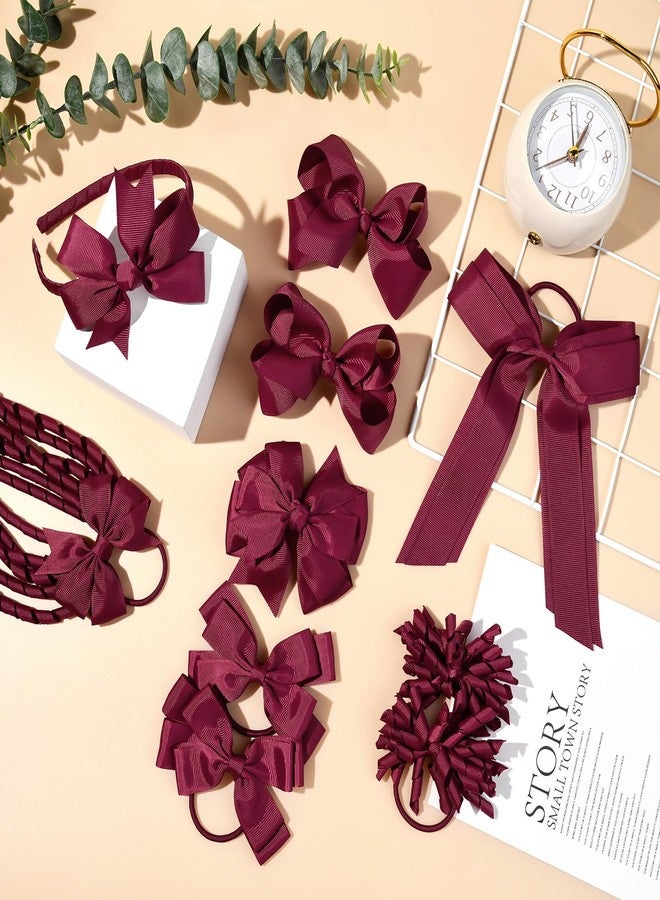 DEEKA Burgundy School Hair Accessories Set 13 Pcs Uniform Hair Bow Headband Clips Hair Ties Curly Korker Bows for Little Toddler School Girls (Burgundy) - Image 5