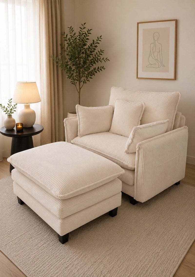 Sofa Bed Chair, Corduroy Fabric Single Sleeper Chair with Pull-Out Footrest, Modern Lounge Chair with Cushions for Living Room - Image 1