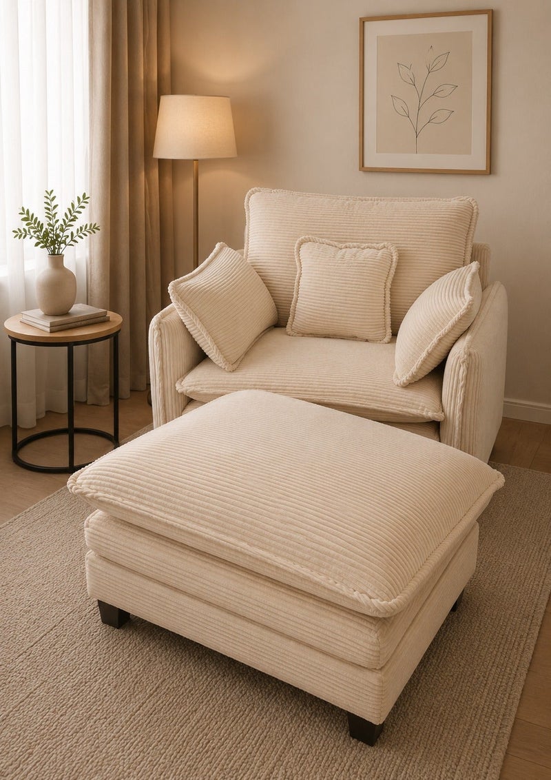 Sofa Bed Chair, Corduroy Fabric Single Sleeper Chair with Pull-Out Footrest, Modern Lounge Chair with Cushions for Living Room - Image 3