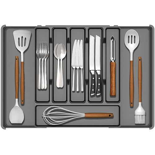Baosia Silverware Drawer Organizer, Expandable Utensil Tray for Kitchen Drawers, BPA Free Flatware and Cutlery Holder, Adjustable Plastic Storage for Utensil like Spoons, Forks, Knives.Black - Image 1