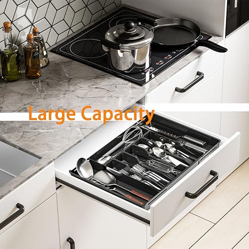 Baosia Silverware Drawer Organizer, Expandable Utensil Tray for Kitchen Drawers, BPA Free Flatware and Cutlery Holder, Adjustable Plastic Storage for Utensil like Spoons, Forks, Knives.Black - Image 5