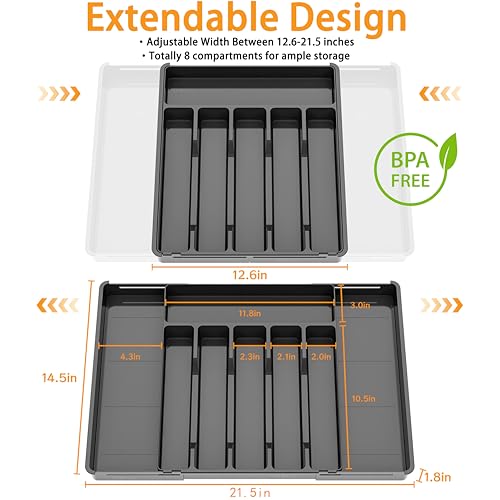 Baosia Silverware Drawer Organizer, Expandable Utensil Tray for Kitchen Drawers, BPA Free Flatware and Cutlery Holder, Adjustable Plastic Storage for Utensil like Spoons, Forks, Knives.Black - Image 2