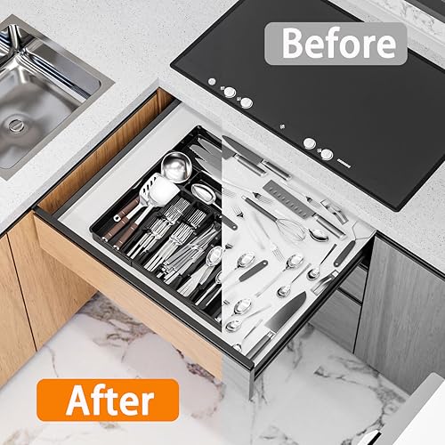 Baosia Silverware Drawer Organizer, Expandable Utensil Tray for Kitchen Drawers, BPA Free Flatware and Cutlery Holder, Adjustable Plastic Storage for Utensil like Spoons, Forks, Knives.Black - Image 4