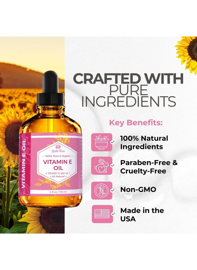 Leven Rose - Vitamin E Oil by Leven Rose 75,000 IU per oz 100% Natural, Organic, Pure Vitamin E Oil for Skin, Face, Hair, Nails, and Scars, 4 oz - Image 1
