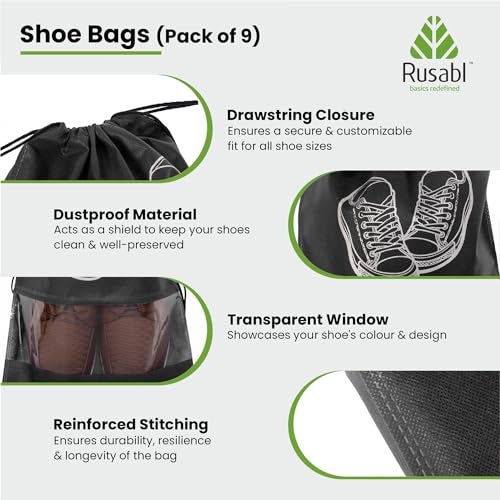 Rusabl Shoe Bag for Travel (Pack of 9, Black) Non Woven, See Through Window, Drawstring Closure, Travel Organiser Pouch for Women & Men Sports Shoes, Sandals, Slippers, Footwear Cover for Travelling - Image 2