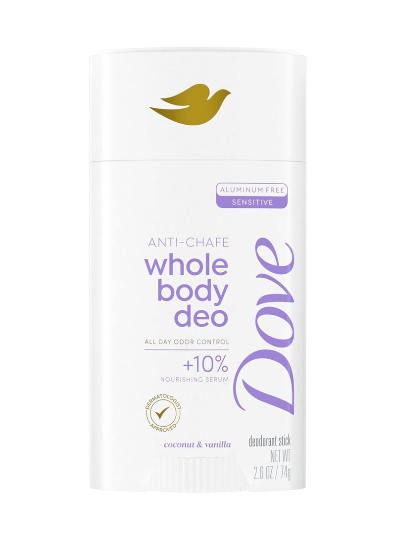 Dove Whole Body Deo Aluminum Free Anti-Chafe Deodorant Stick Coconut & Vanilla for 72h Odor Control 2.6 Oz