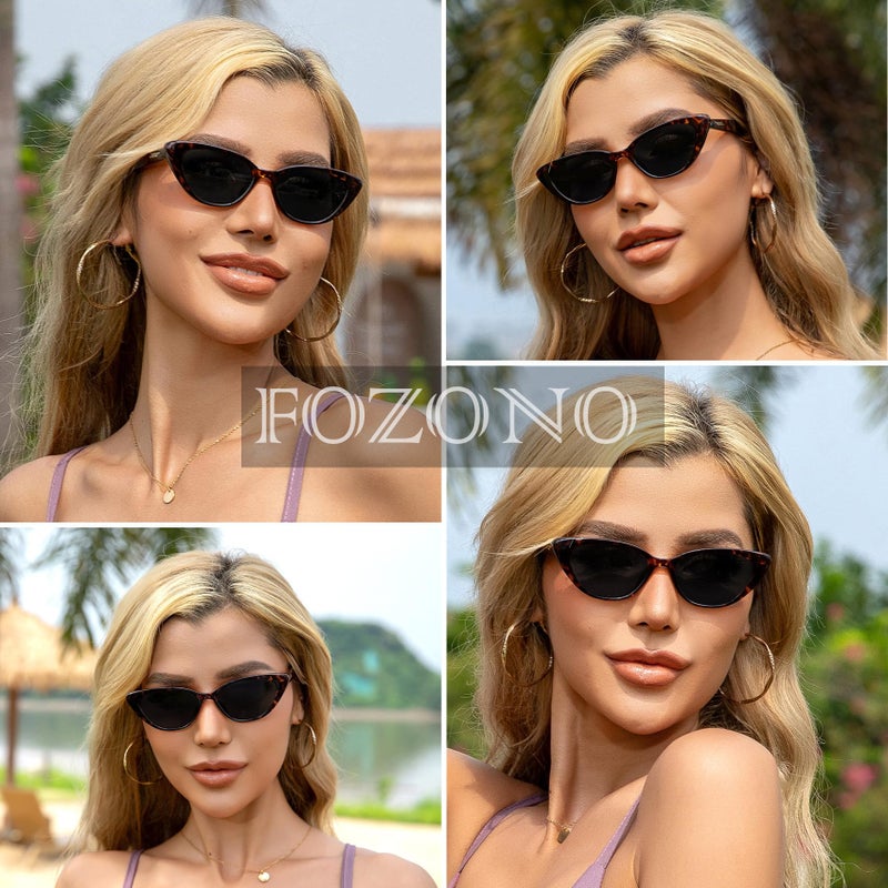 Fozono Retro Vintage Narrow Cat Eye Sunglasses for Women 90s Small Chic Trendy Sunnies UV400 Party Driving FZN7514(Tortoise/Grey) - Image 2