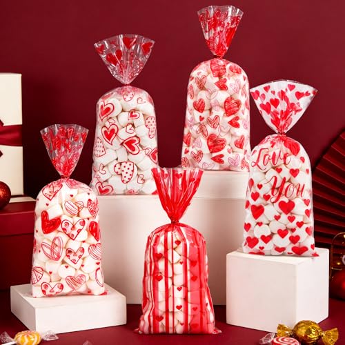 Lxzyu Valentine Cellophane Bags, 50 Pcs Valentines Treat Bags, Goodie Bag Valentines Day Candy Bags, Plastic Valentines Bags Bulk, Valentine Snack Bags With Twist Ties Red Heart For Wedding Party Favor Gift - Image 2