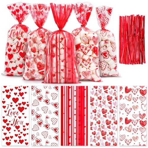 Lxzyu Valentine Cellophane Bags, 50 Pcs Valentines Treat Bags, Goodie Bag Valentines Day Candy Bags, Plastic Valentines Bags Bulk, Valentine Snack Bags With Twist Ties Red Heart For Wedding Party Favor Gift - Image 1