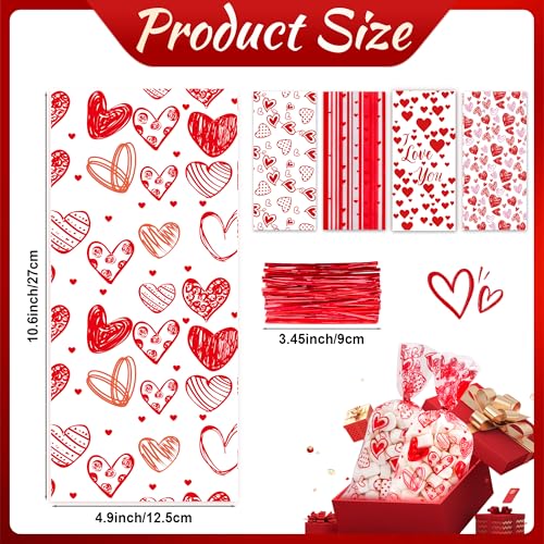 Lxzyu Valentine Cellophane Bags, 50 Pcs Valentines Treat Bags, Goodie Bag Valentines Day Candy Bags, Plastic Valentines Bags Bulk, Valentine Snack Bags With Twist Ties Red Heart For Wedding Party Favor Gift - Image 3