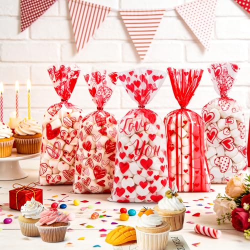 Lxzyu Valentine Cellophane Bags, 50 Pcs Valentines Treat Bags, Goodie Bag Valentines Day Candy Bags, Plastic Valentines Bags Bulk, Valentine Snack Bags With Twist Ties Red Heart For Wedding Party Favor Gift - Image 4
