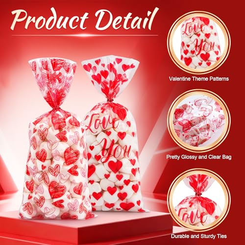 Lxzyu Valentine Cellophane Bags, 50 Pcs Valentines Treat Bags, Goodie Bag Valentines Day Candy Bags, Plastic Valentines Bags Bulk, Valentine Snack Bags With Twist Ties Red Heart For Wedding Party Favor Gift - Image 5