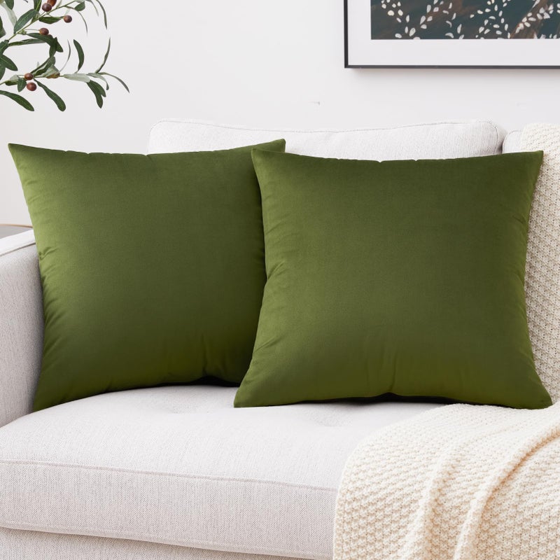 Mixhug Set of 2 Cozy Velvet Square Decorative Throw Pillow Covers for Couch and Bed, Moss Green, 18 x 18 Inches - Image 2
