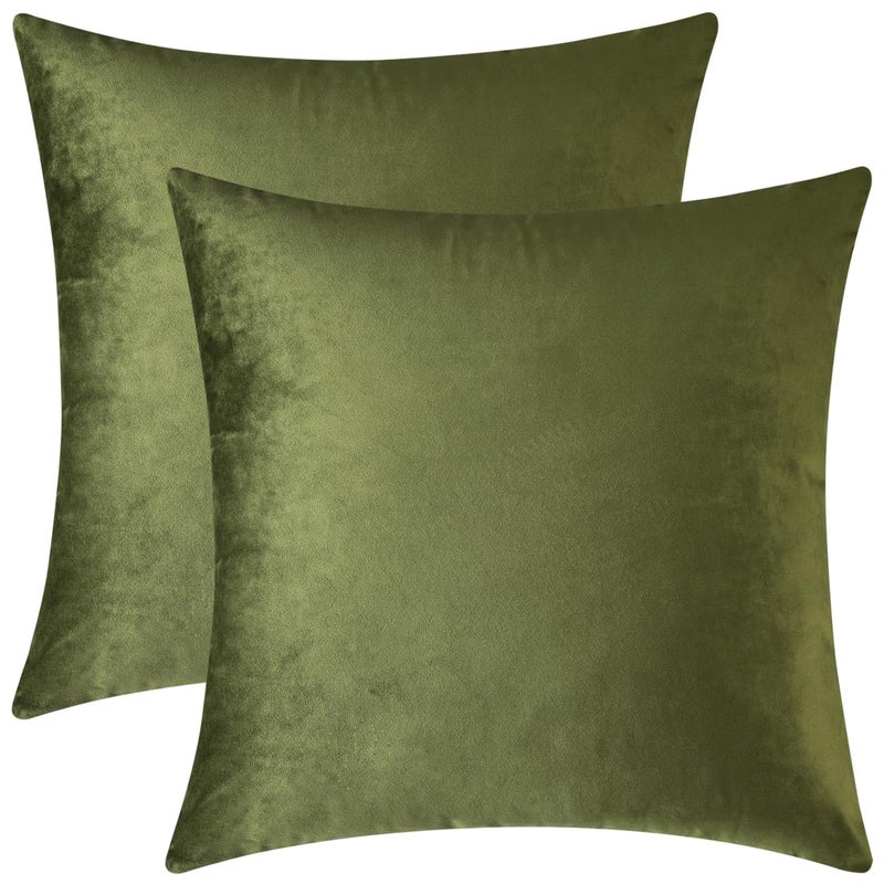 Mixhug Set of 2 Cozy Velvet Square Decorative Throw Pillow Covers for Couch and Bed, Moss Green, 18 x 18 Inches - Image 1
