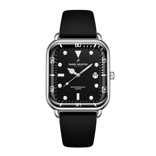 Daniel Hechter Paris Montmartre Collection Square Dial Watch for Men with Stylish Silicone Strap, Water Resistant & Quartz Movement-DHM1011 (Black Silver) - Image 1