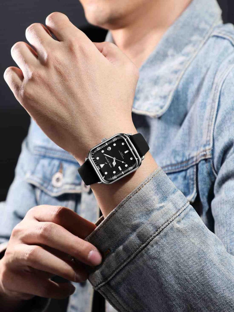 Daniel Hechter Paris Montmartre Collection Square Dial Watch for Men with Stylish Silicone Strap, Water Resistant & Quartz Movement-DHM1011 (Black Silver) - Image 2
