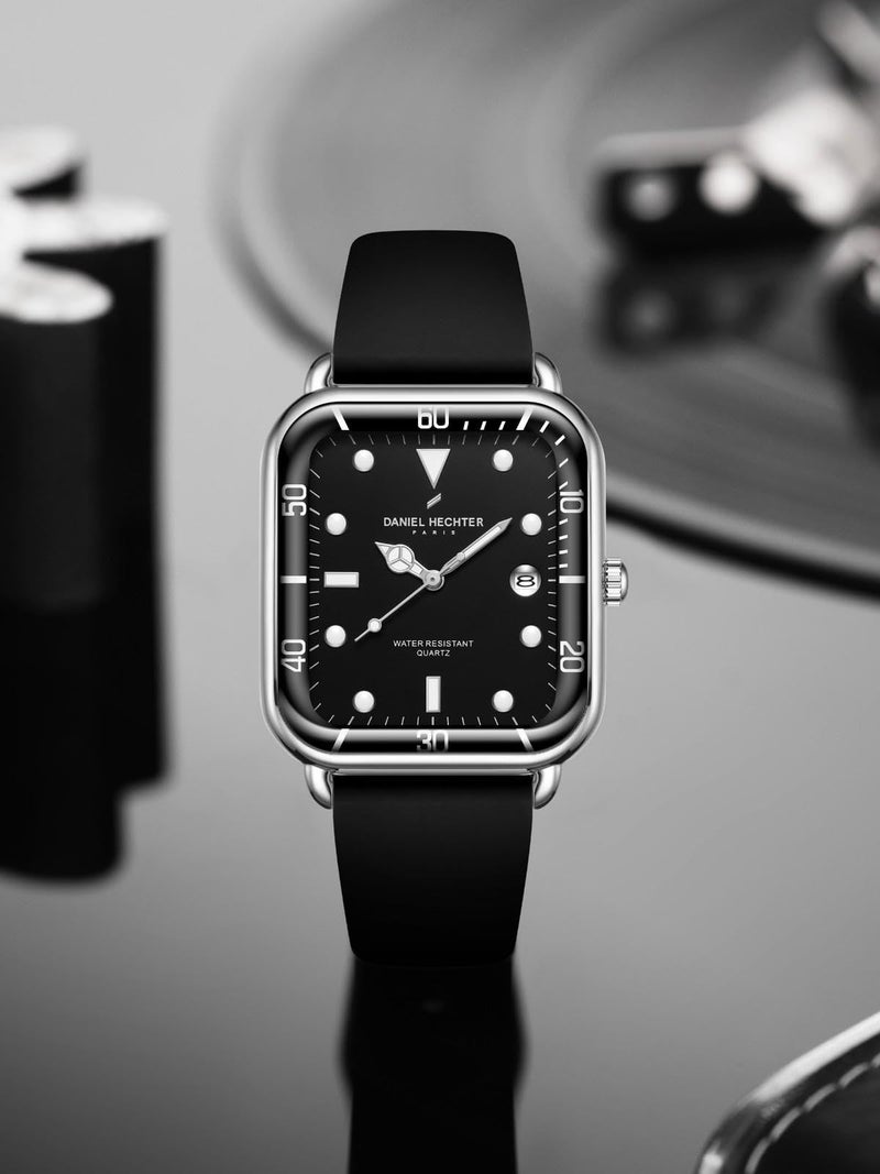 Daniel Hechter Paris Montmartre Collection Square Dial Watch for Men with Stylish Silicone Strap, Water Resistant & Quartz Movement-DHM1011 (Black Silver) - Image 3