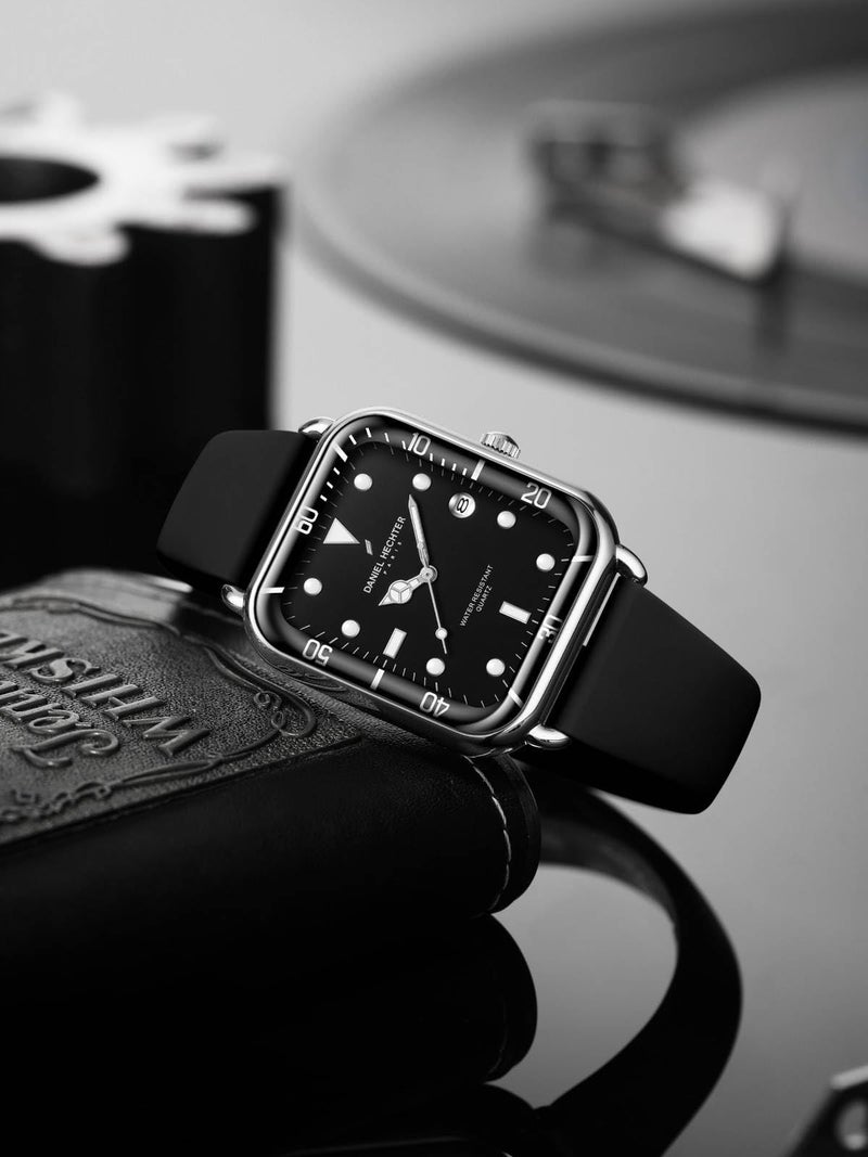 Daniel Hechter Paris Montmartre Collection Square Dial Watch for Men with Stylish Silicone Strap, Water Resistant & Quartz Movement-DHM1011 (Black Silver) - Image 4