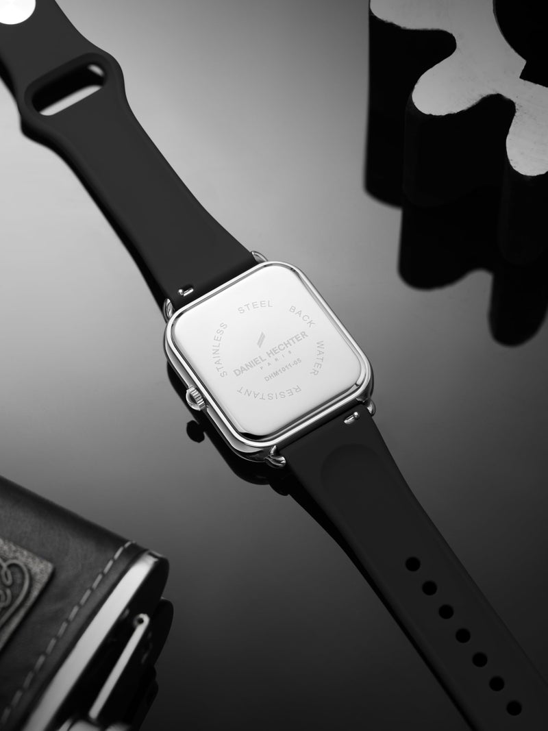 Daniel Hechter Paris Montmartre Collection Square Dial Watch for Men with Stylish Silicone Strap, Water Resistant & Quartz Movement-DHM1011 (Black Silver) - Image 5