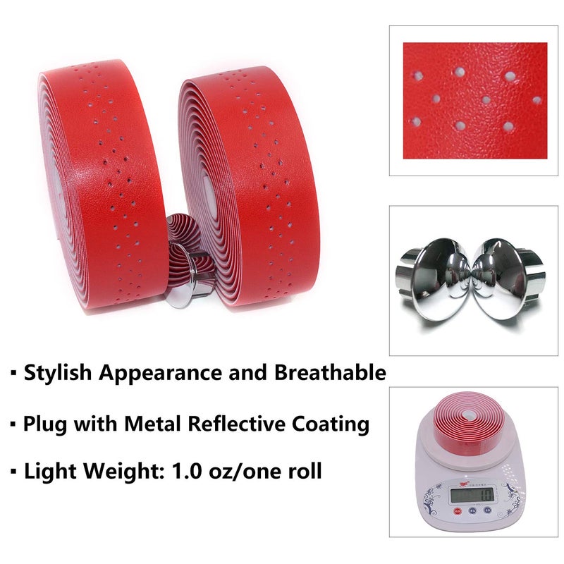 KINGOU Handlebar Tape Luxury PU Leather Bar Tape Fixed Gear/Road Bike Bar Wrap with 2 Reflective Plug (Red) - Image 2