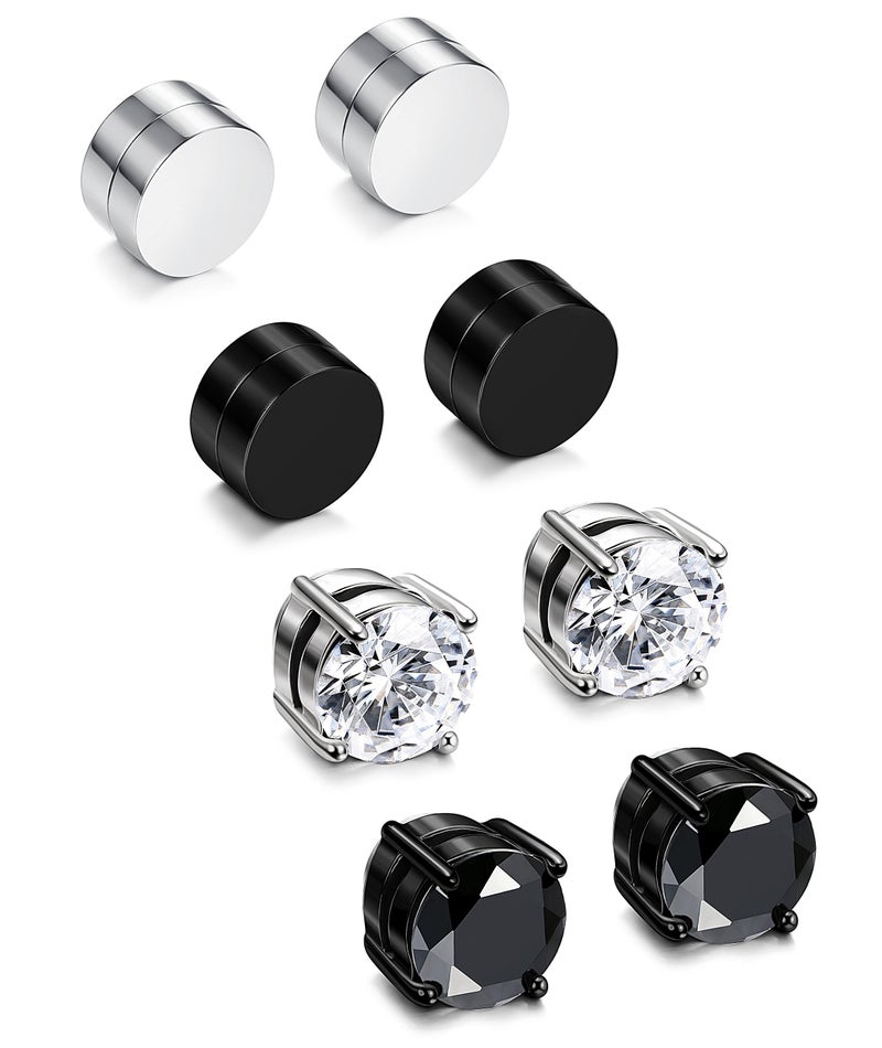 JOERICA 4 Pairs 8MM Stainless Steel Stud Earrings for Men Women Non Piercing Clip on CZ Earrings Black - Image 1