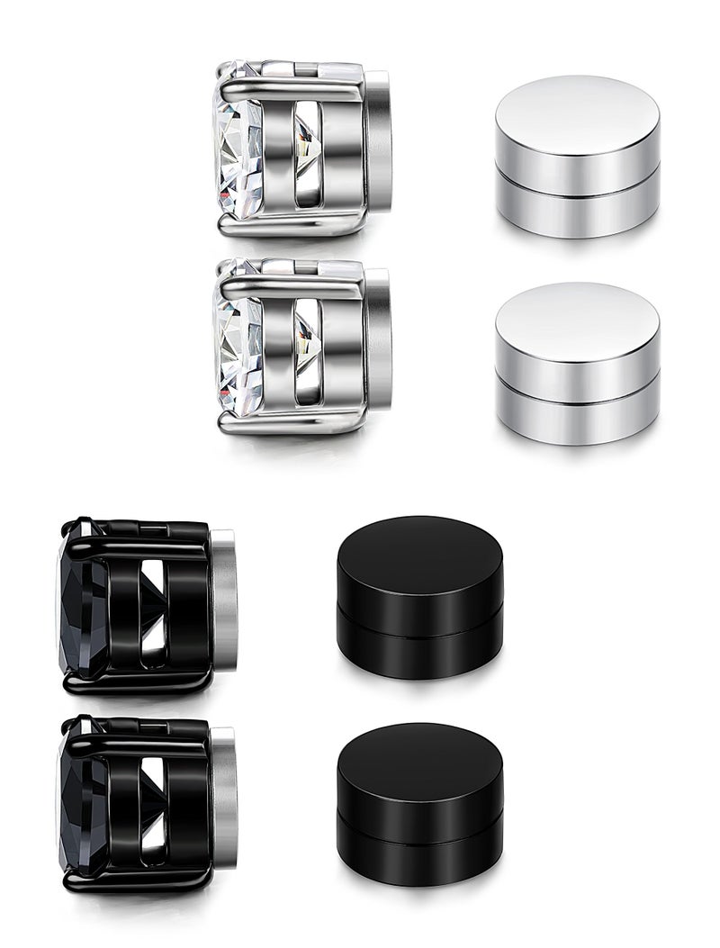JOERICA 4 Pairs 8MM Stainless Steel Stud Earrings for Men Women Non Piercing Clip on CZ Earrings Black - Image 3