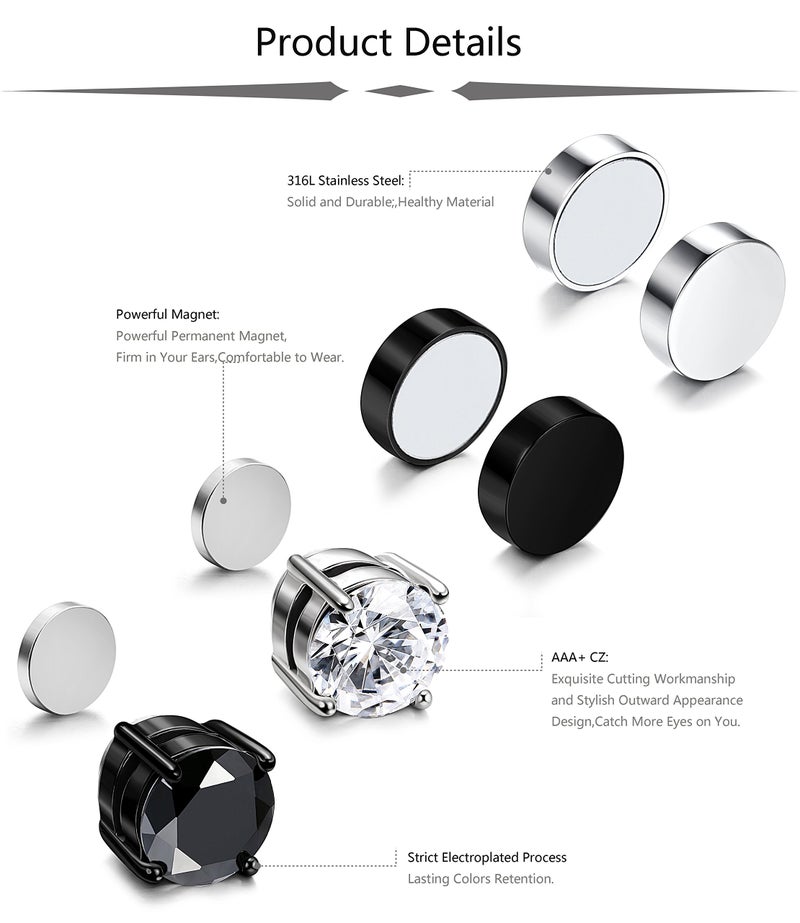 JOERICA 4 Pairs 8MM Stainless Steel Stud Earrings for Men Women Non Piercing Clip on CZ Earrings Black - Image 4