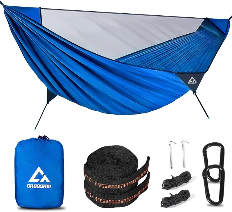 CROSSHIP Camping Hammock with Mosquito Net, 2 Person Hammock Tent, Portable, Parachute Nylon for Indoor, Outdoor, Hiking, Backpacking, Backyard, Beach, Travel (Hold Up to 500lbs)(Blue) - Image 1