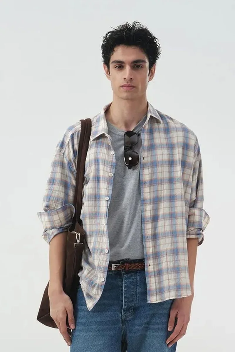 GIESTO Oversized Plaid Button-Front Shirt