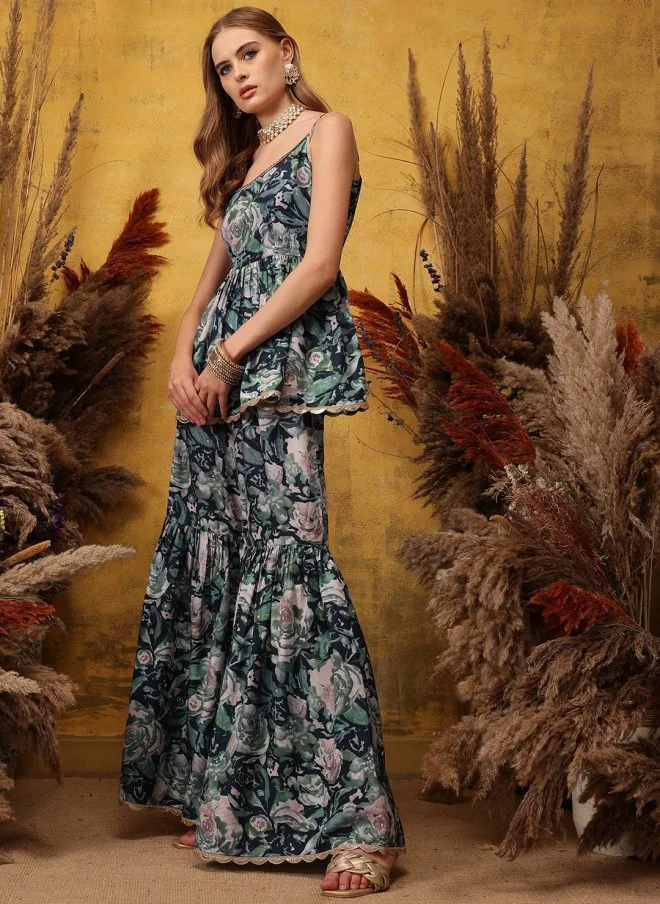 Indo Street Floral Printed A-Line Kurta with Sharara for Women