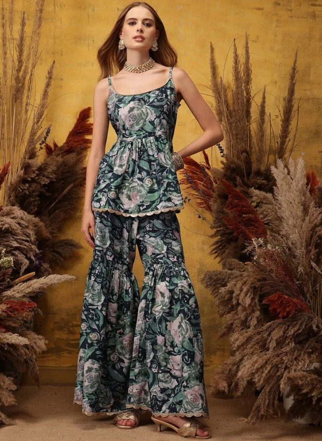 Indo Street Floral Printed A-Line Kurta with Sharara for Women