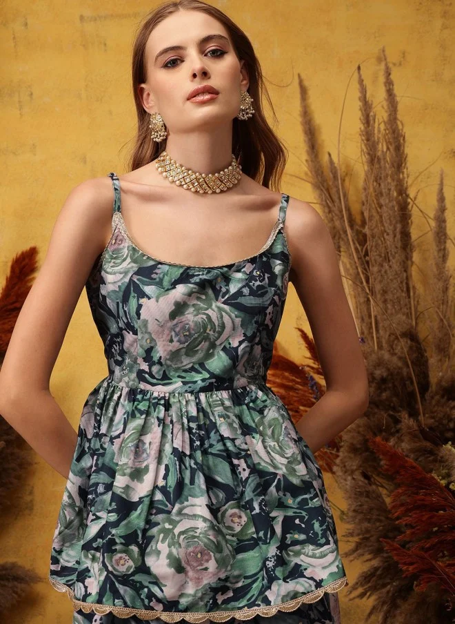 Indo Street Floral Printed A-Line Kurta with Sharara for Women