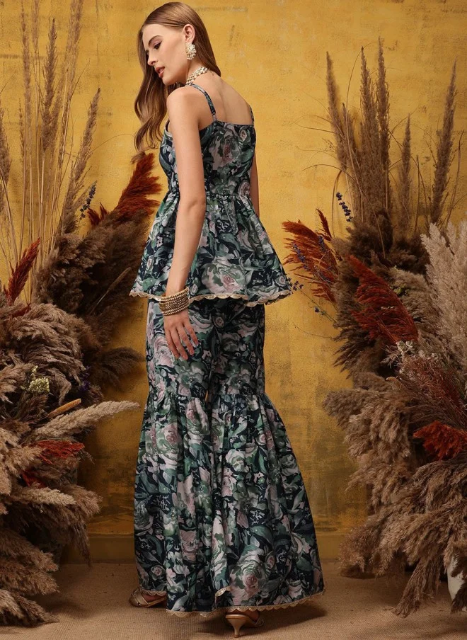 Indo Street Floral Printed A-Line Kurta with Sharara for Women
