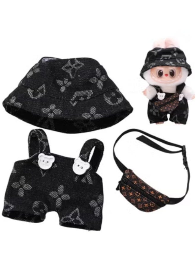 Labubu Doll Clothes Set, 3Pcs Fashion Hat + Overalls + Bag Outfit, Fit for 17cm Labubu Doll, Black & Brown Casual Doll Accessories, No Doll Included
