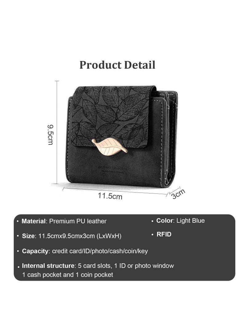 SYOSI Women's Wallet, RFID Ladies Purses with Leaf Pattern, Women PU Leather Fashion Small Purse Clutch Holder Case, Metal Gold Leaf Clip Ladies Wallet with Multiple Card Slots (Black) - Image 2
