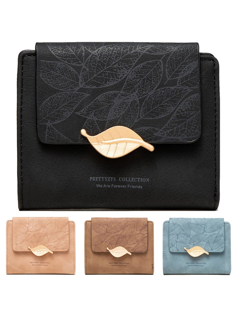 SYOSI Women's Wallet, RFID Ladies Purses with Leaf Pattern, Women PU Leather Fashion Small Purse Clutch Holder Case, Metal Gold Leaf Clip Ladies Wallet with Multiple Card Slots (Black) - Image 1