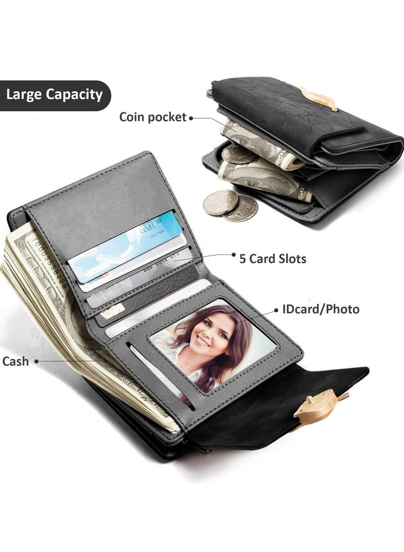 SYOSI Women's Wallet, RFID Ladies Purses with Leaf Pattern, Women PU Leather Fashion Small Purse Clutch Holder Case, Metal Gold Leaf Clip Ladies Wallet with Multiple Card Slots (Black) - Image 3