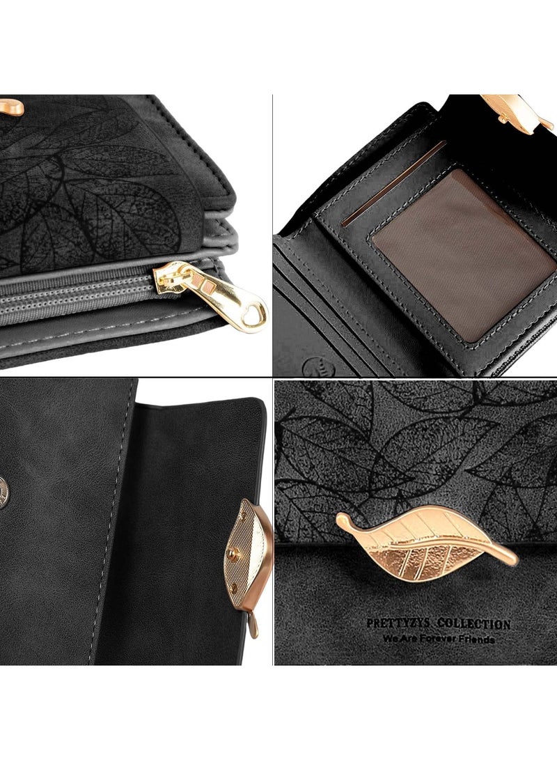 SYOSI Women's Wallet, RFID Ladies Purses with Leaf Pattern, Women PU Leather Fashion Small Purse Clutch Holder Case, Metal Gold Leaf Clip Ladies Wallet with Multiple Card Slots (Black) - Image 4
