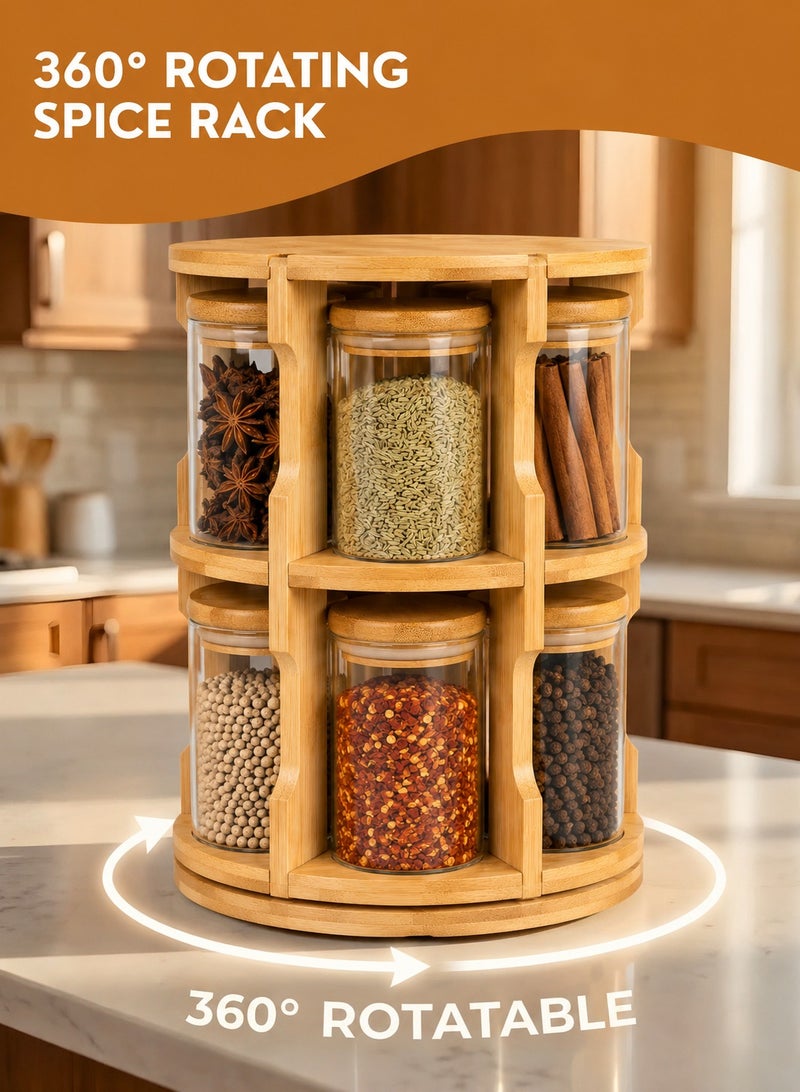 360° Rotating Bamboo Spice Rack Organizer with 8 Glass Jars & Lids, Multi-Tier Carousel Spice Holder, Kitchen Countertop Storage for Herbs, Masala & Seasonings - Image 1
