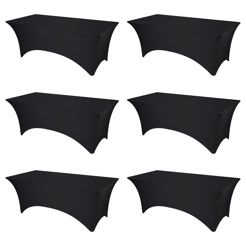 BRILLMAX 6 Pack Black Fitted Spandex Table Covers 8ft Stretch Tablecloths for 8 Foot Rectangle Folding Cloths Rectangular Bulk Linen Fabric Elastic for Wedding Reception Banquet Birthday Party