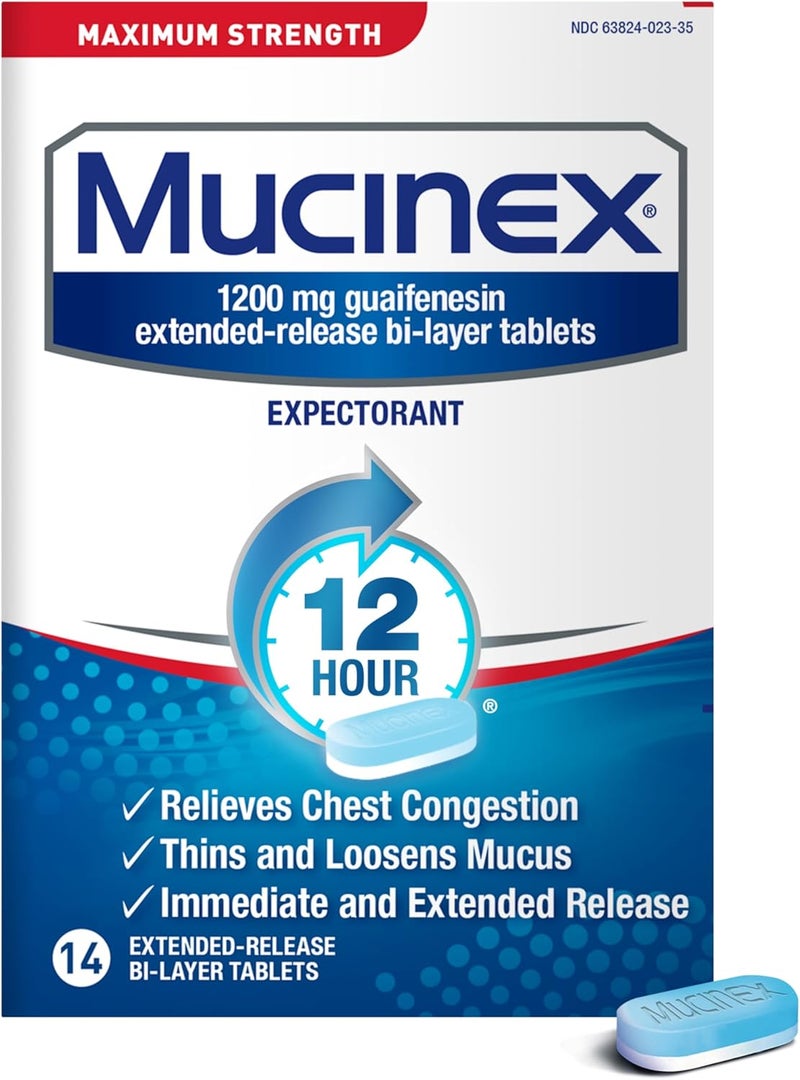 MUCINEX أقراص تخفيف احتقان الصدر بحد أقصى 12 ساعة للإفراج الممتد 14 حبة 1200 ملغ جوايفينيسين مع تخفيف ممتد لاحتقان الصدر الناتج عن المخاط الزائد يخفف ويحرر المخاط - Image 1