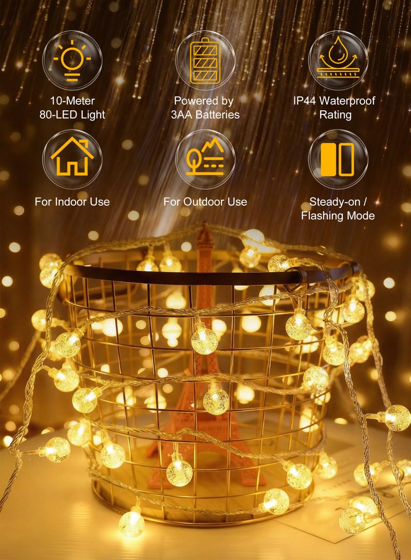 نكومي أضواء العطلات، أضواء زينة تعمل بالبطارية 10 أمتار 80 LED، أضواء سلسلة خارجية مقاومة للماء، مناسبة للاستخدام الداخلي، الحديقة، الفناء، التخييم، زينة عيد الميلاد (نمط كرة بلورية دافئة) - Image 2