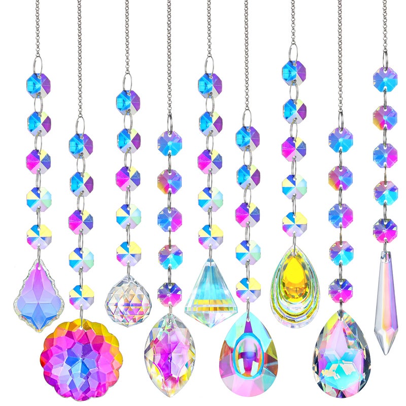 kanpura KANPURA 9 PCS Crystal Rainbow Suncatchers Hanging Crystals Sun Catchers with Chain for Windows Colorful Suncatcher Prism Pendant Hanging Crystals for Home Wedding Decor 