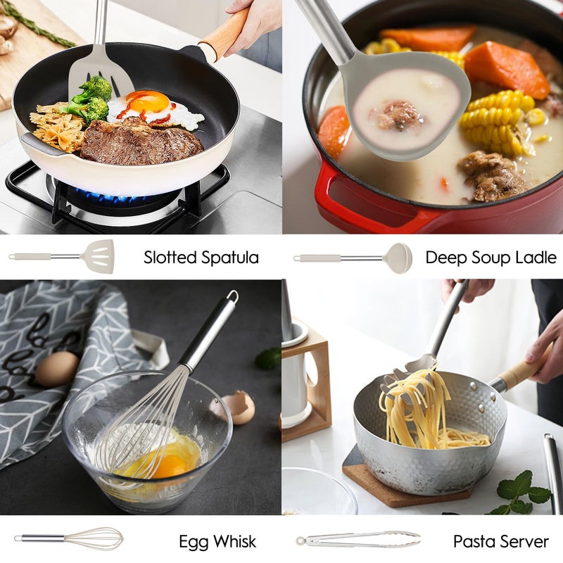 MIBOTE Silicone Kitchen Cooking Utensil Set  Silicone Kitchen Spatula Utensils Set With Stainless Steel Handle Non-Stick Heat Resistant - Best Kitchen Cookware Set-(Khaki) - Image 4