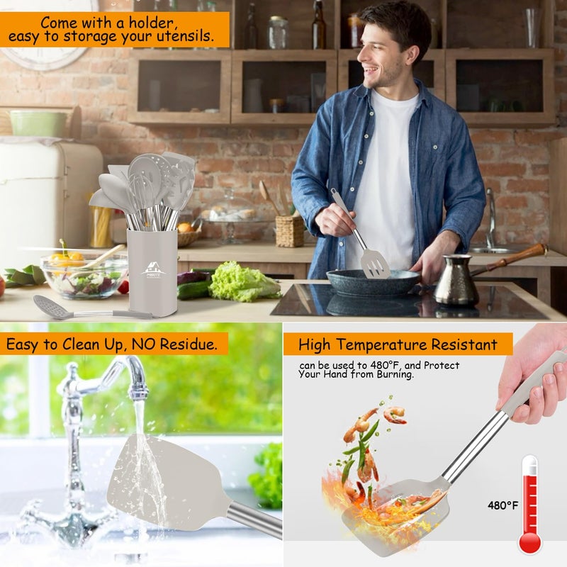 MIBOTE Silicone Kitchen Cooking Utensil Set  Silicone Kitchen Spatula Utensils Set With Stainless Steel Handle Non-Stick Heat Resistant - Best Kitchen Cookware Set-(Khaki) - Image 3