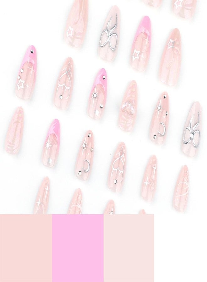 BYJKYEN Long Almond Press on False Nails French Tip with Star Moon Bows Rhinestone Design Fake Nails Full Cover Nude Glossy Stick on Nail Artificial on Nail for Women and Girls 24Pcs - Image 2