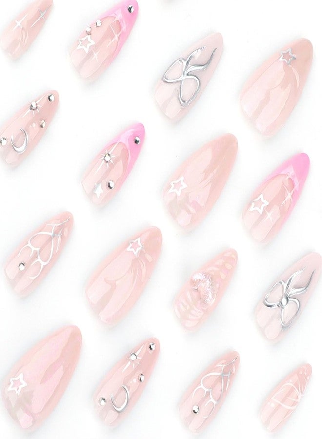 BYJKYEN Long Almond Press on False Nails French Tip with Star Moon Bows Rhinestone Design Fake Nails Full Cover Nude Glossy Stick on Nail Artificial on Nail for Women and Girls 24Pcs - Image 3