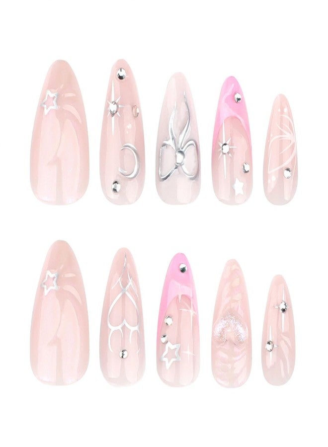 BYJKYEN Long Almond Press on False Nails French Tip with Star Moon Bows Rhinestone Design Fake Nails Full Cover Nude Glossy Stick on Nail Artificial on Nail for Women and Girls 24Pcs - Image 4