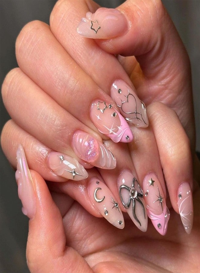 BYJKYEN Long Almond Press on False Nails French Tip with Star Moon Bows Rhinestone Design Fake Nails Full Cover Nude Glossy Stick on Nail Artificial on Nail for Women and Girls 24Pcs - Image 1