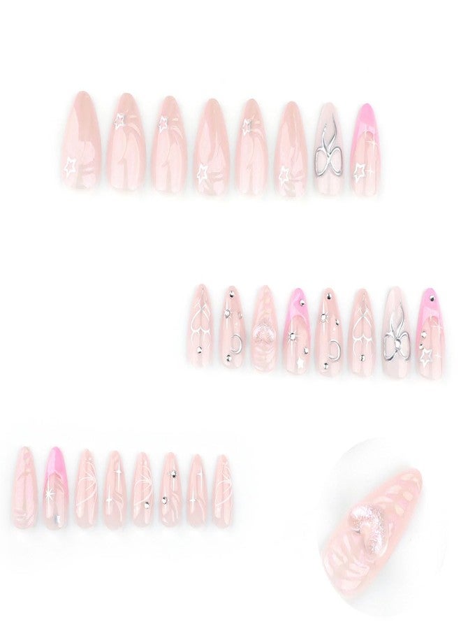 BYJKYEN Long Almond Press on False Nails French Tip with Star Moon Bows Rhinestone Design Fake Nails Full Cover Nude Glossy Stick on Nail Artificial on Nail for Women and Girls 24Pcs - Image 5
